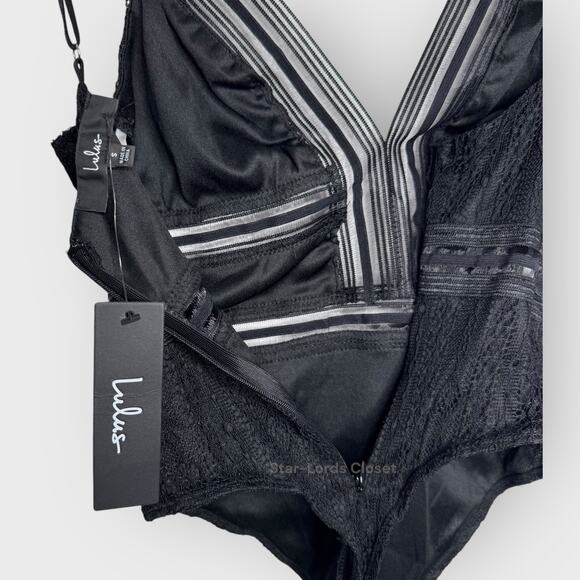 Lulus Casita Lace Thong Bodysuit S Black Sheer Striped Plunging V-Neck NWT Party - Picture 8 of 10